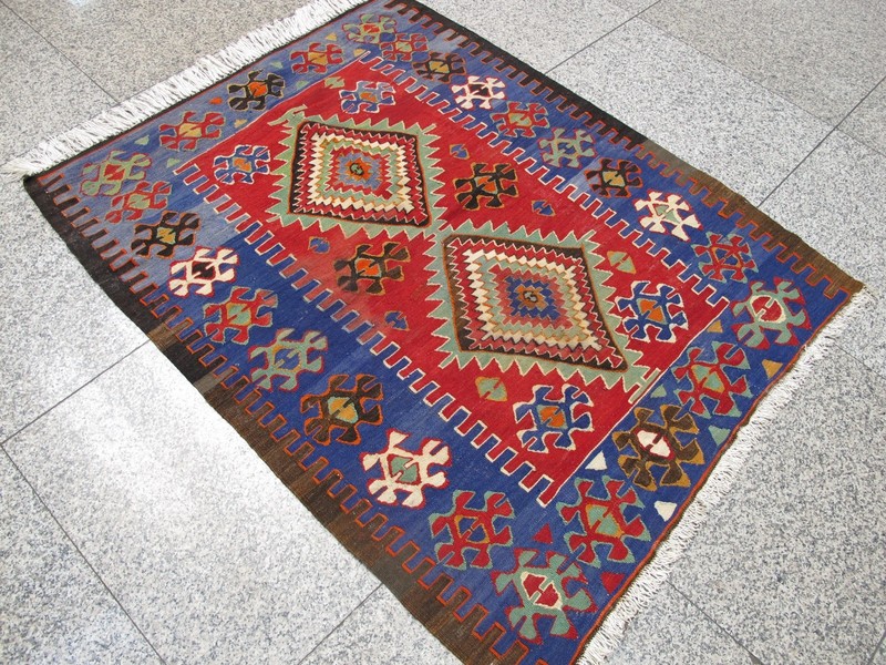Vintage Turkish Kilim Rug 4x5 ft 1970s Anatolian Nomadic Farmhouse Handwoven gallery
