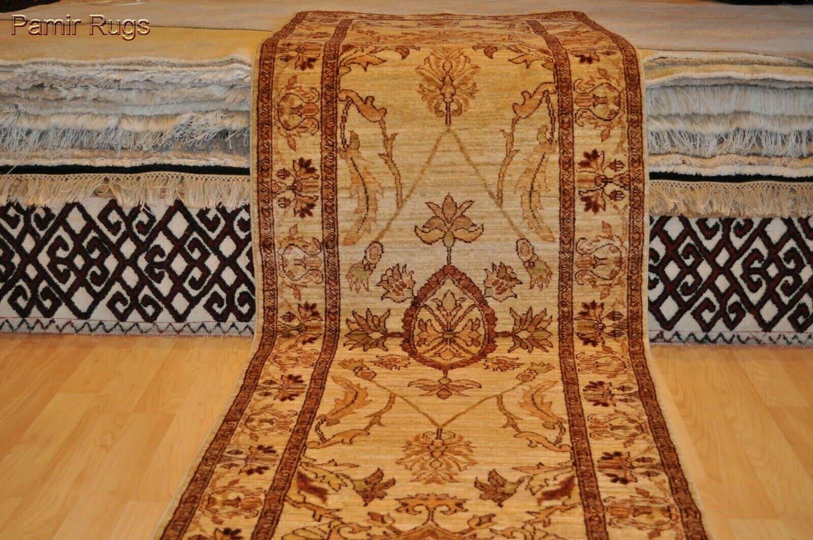_HANDMADE_HALL-RUNNER_ 9 FT. vegetable dye Oriental rug Beige Gold color gallery