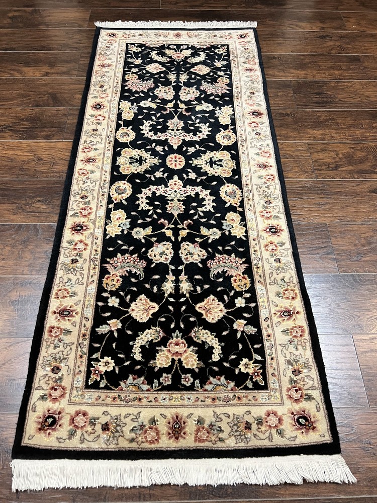 Short Runner Rug 2.7 x 6 Wool Silk Highlights Black Beige Handmade Floral