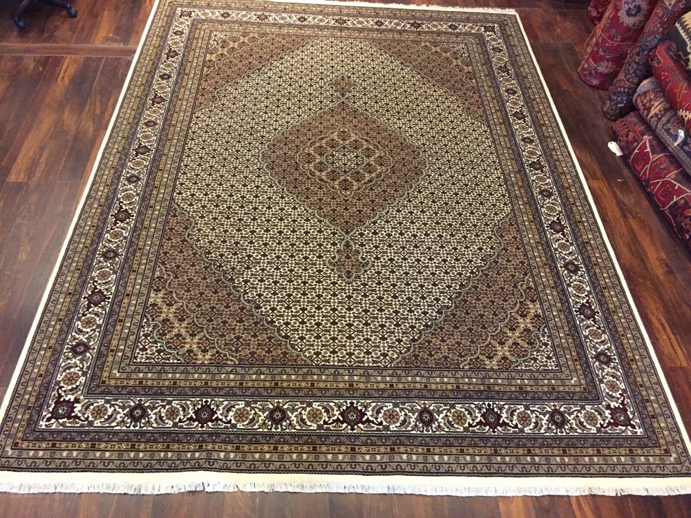 Fine Cream Genuine Hand Knotted Mahi Area Rug Carpet Geometric 9’1”x12’1”,#28