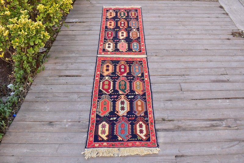 Turkish Rug 19''x76'' Oriental Runner Sumak Corridor Kilim Hallway Blue Rug 1x6 gallery