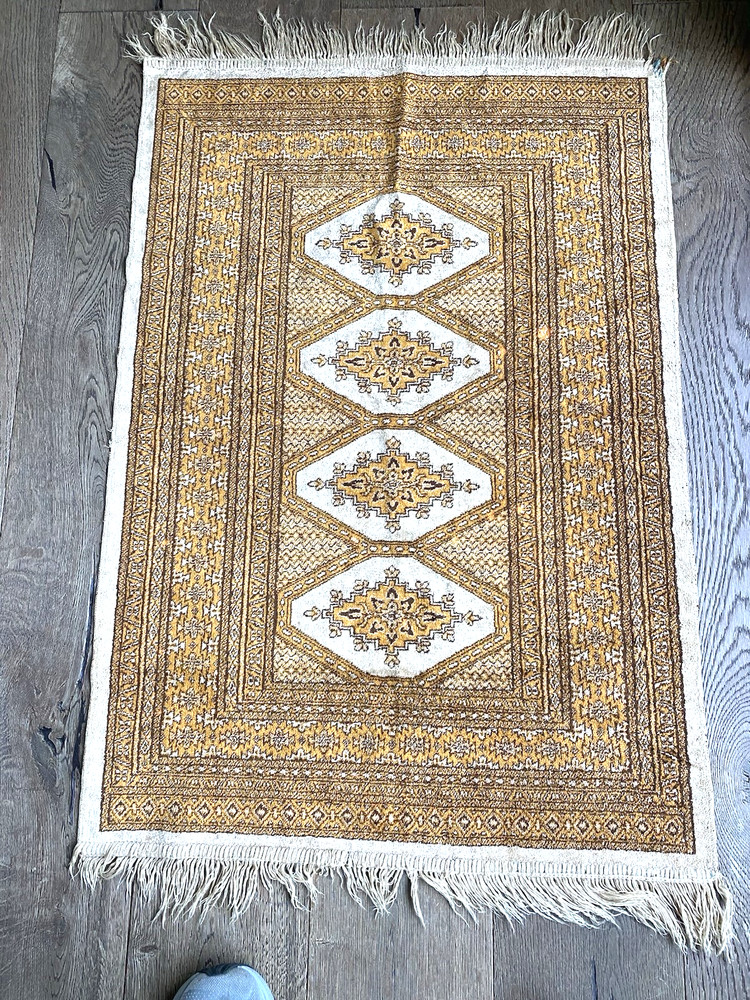 ANTIQUE MIDDLE EAST PRAYER RUG 40" x 27" GOLD BROWN CREAM EARTH TONES HAND-MADE