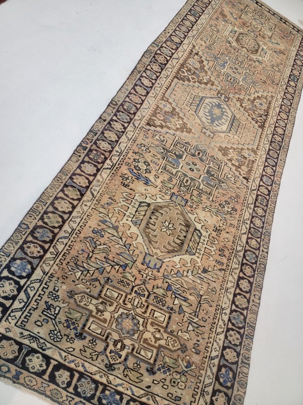 Antique Oriental Hand-Knotted Wool Runner Blush/Beige/Blue 3'8" x 11'2" gallery