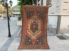 Vintage Turkish Oushak Rug 4.5×8 ft Red Black Beige Medallion Area Rug Decor