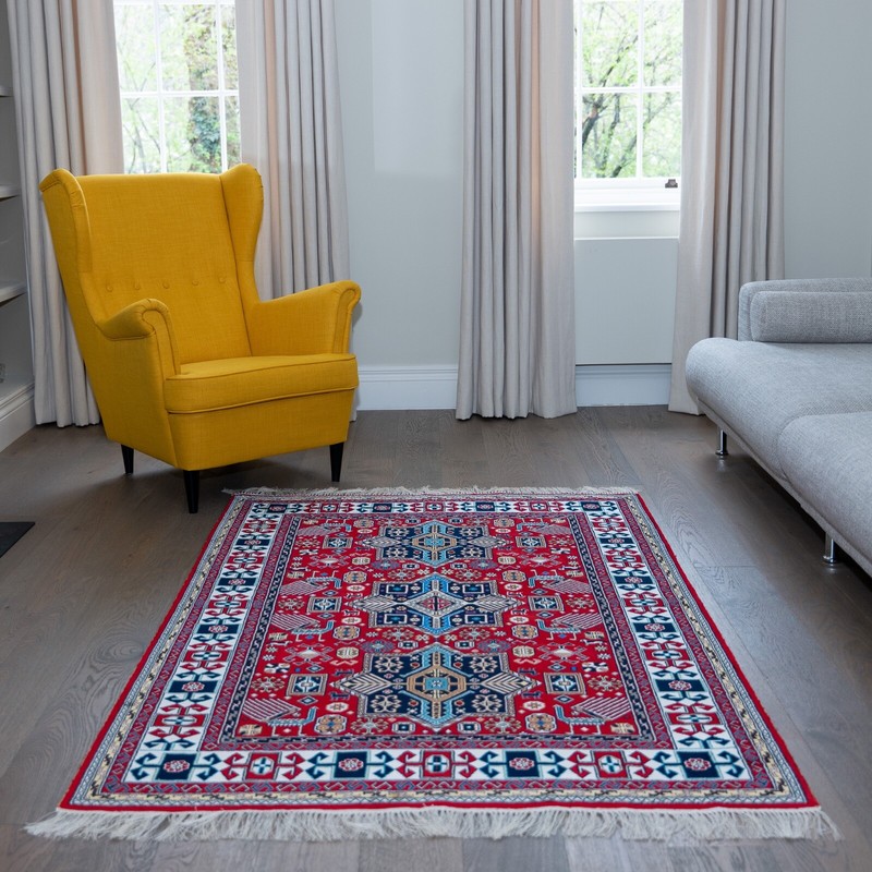 "Akstafa" Blue on red silk carpet gallery