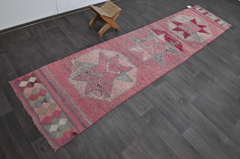 Vintage Turkish Runner Rug 2x10ft Wool Anatolian Handmade Hallway Oushak PINK gallery