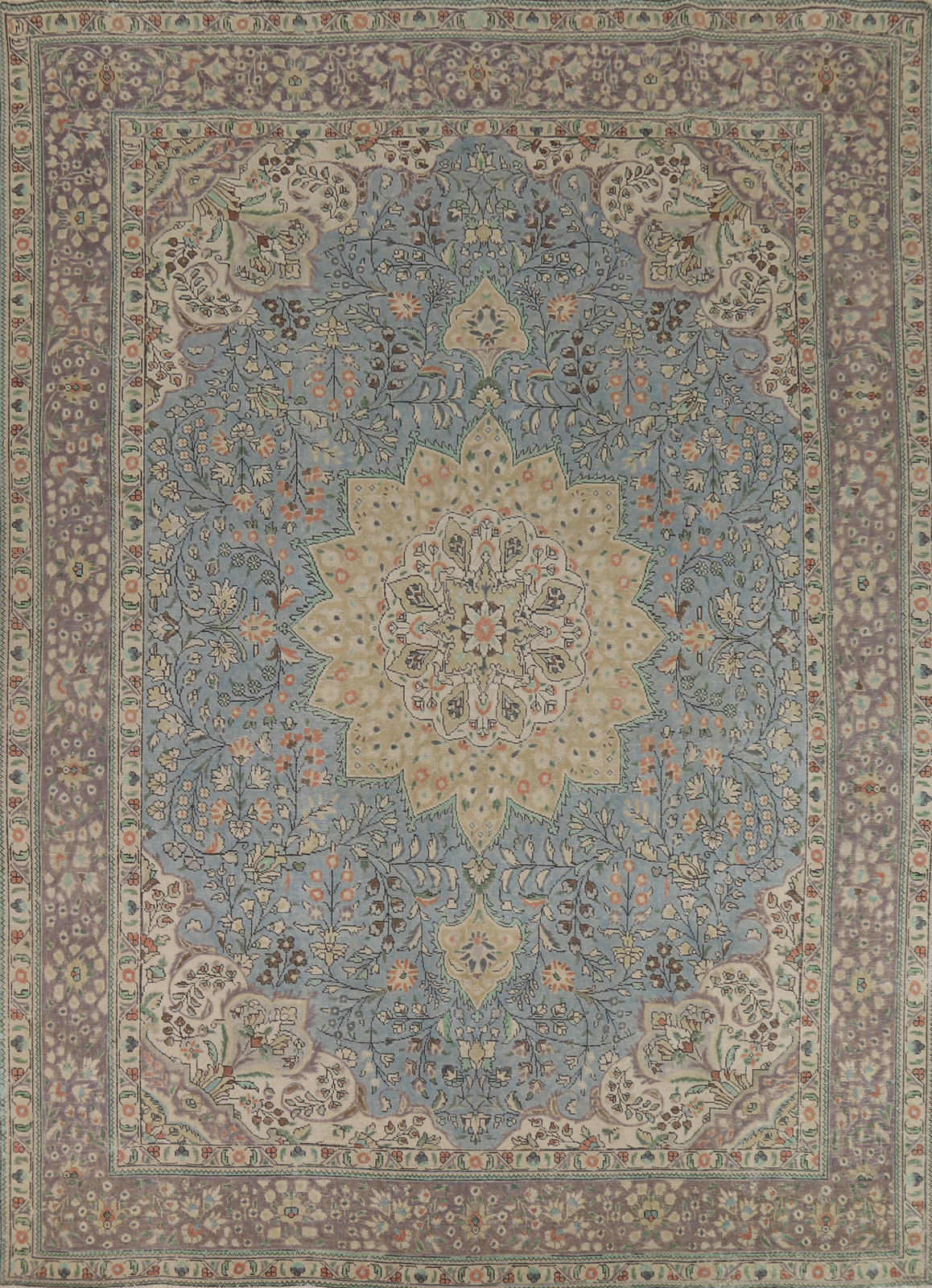 Hand-knotted Vintage Carpet Over-Dyed Light Blue Floral Tebriz Area Rug 10x12 gallery