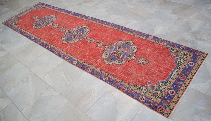 Vintage Turkish Runner Rug Hand-Knotted 1970s Oushak Distressed Low Pile 3x12 ft gallery
