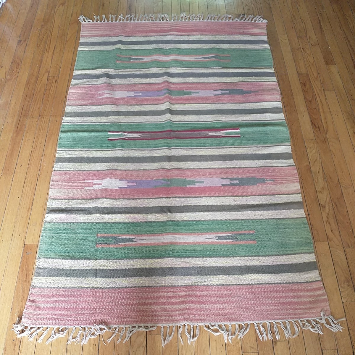 Vtg Hand Knotted Flat Weave Kilim Kilm Wool Area Rug Fringes Striped Geometric gallery