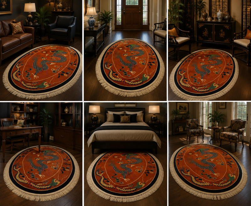 C1910s ANTIQUE ART DECO CHINESE RUG,OVAL 3.9 X 6.9 RARE DRAGON DESIGN gallery