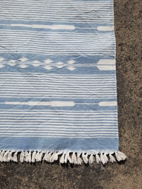 Vintage Traditional Handmade Dhurrie Striped Wool Blue & White Kilim 7.0x5.2 ft gallery