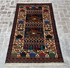 4×6 Ft Afghan War Rug, Vintage Hand-Knotted Tribal Wool Rug, Multi-Color Design