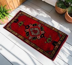 Vintage Hand-Knotted Small Rug Organic Wool Turkish Rug Door Mat 1′ 9″ x 3′ 9″
