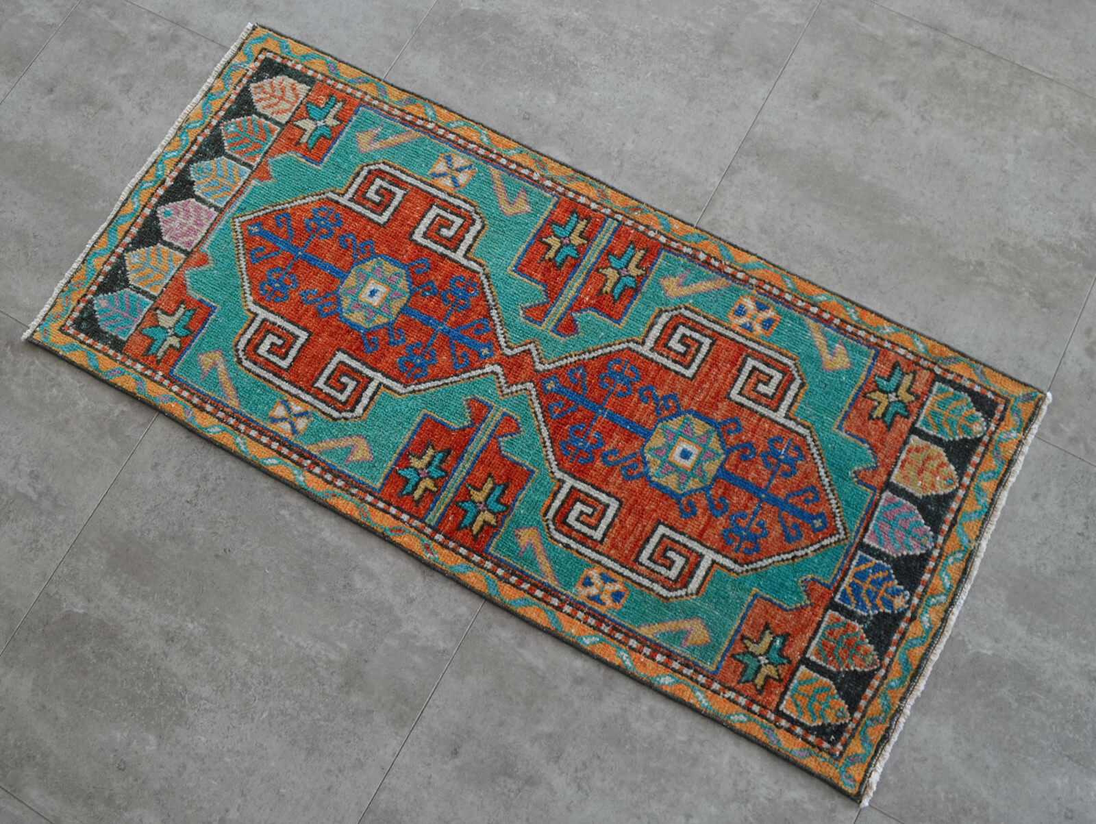 Vintage Distressed Small Area Rug Hand Knotted Oushak Rugs Yastik -1'10"x4' gallery