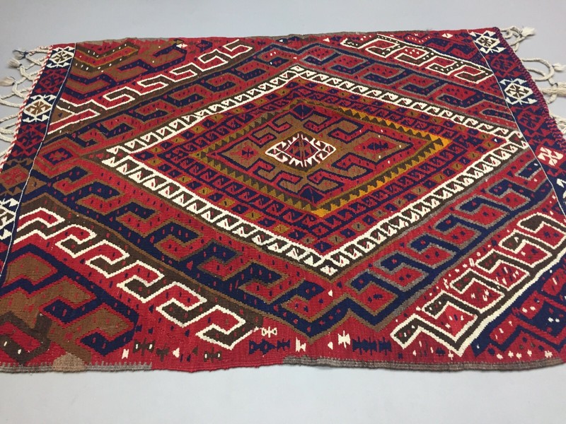 Vintage Turkish Kilim 190x145 cm Tribal Kelim Rug, Black, Red, Beige, Medium gallery