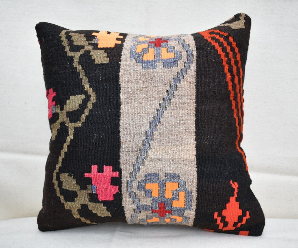 Turkish Kilim Pillow Cover Sofa Rug 16''x16'' Decorative Handmade Cushion Cover