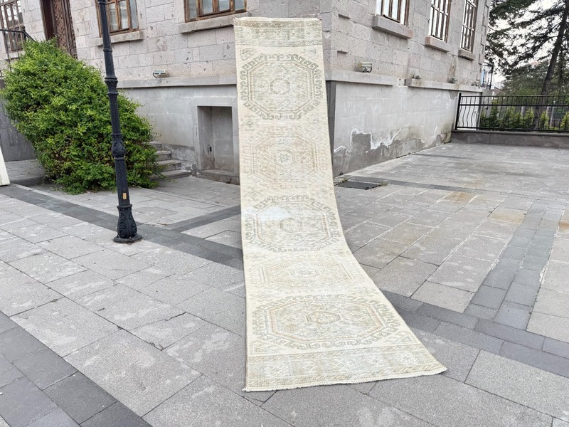 Vintage Turkish Oushak Runner Rug 2.7x12.4 ft Ivory Beige Hallway Wool gallery