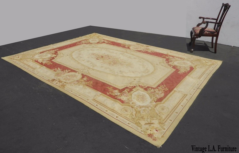 Large Vintage Hand Knotted Tan Floral Aubusson Tapestry Area Rug Made In France gallery