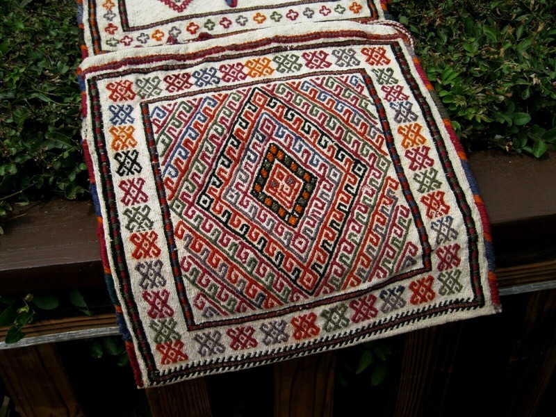 ANTIQUE 1910 TURKISH SADDLE BAG WITH WHITE COLOR COTTON AND WOOL SOUMAC gallery