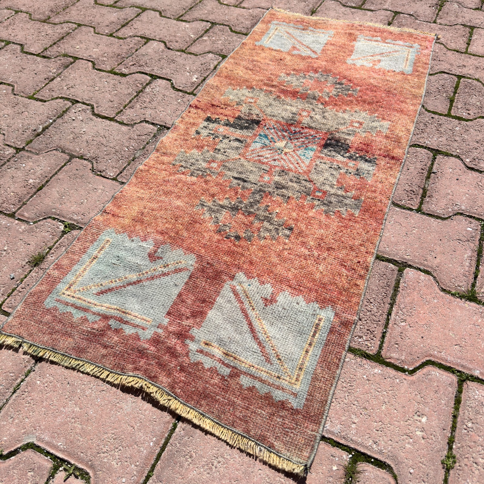 Peach Gray 1x4 ft Vintage Turkish Oushak Wool Rug- Tariff Free gallery