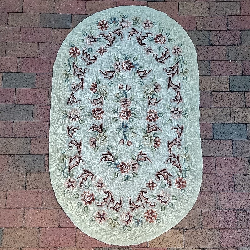 Floral Needlepoint Rug Oval Handmade Primitive Punch Needle Earth Tone 33x54 GVC gallery