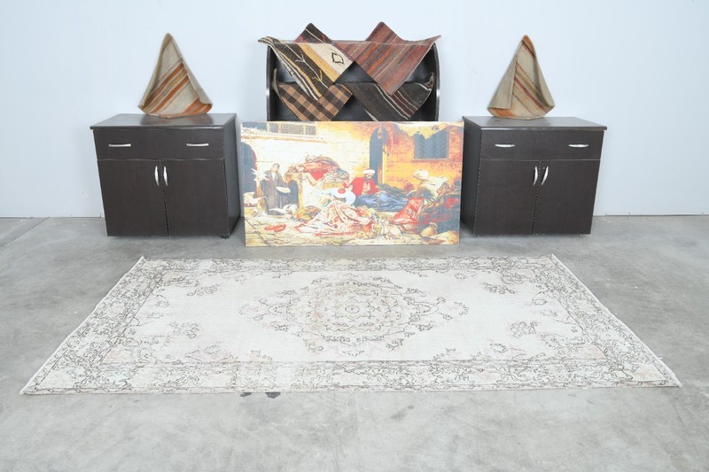 4x8 area rug, handmade vintage turkish carpet, neutral oushak rug,wool rugs,578 gallery