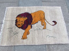 Vintage Traditional Hand Made Oriental Gabbe Wool Beige Rug 125x66cm Animal Lion