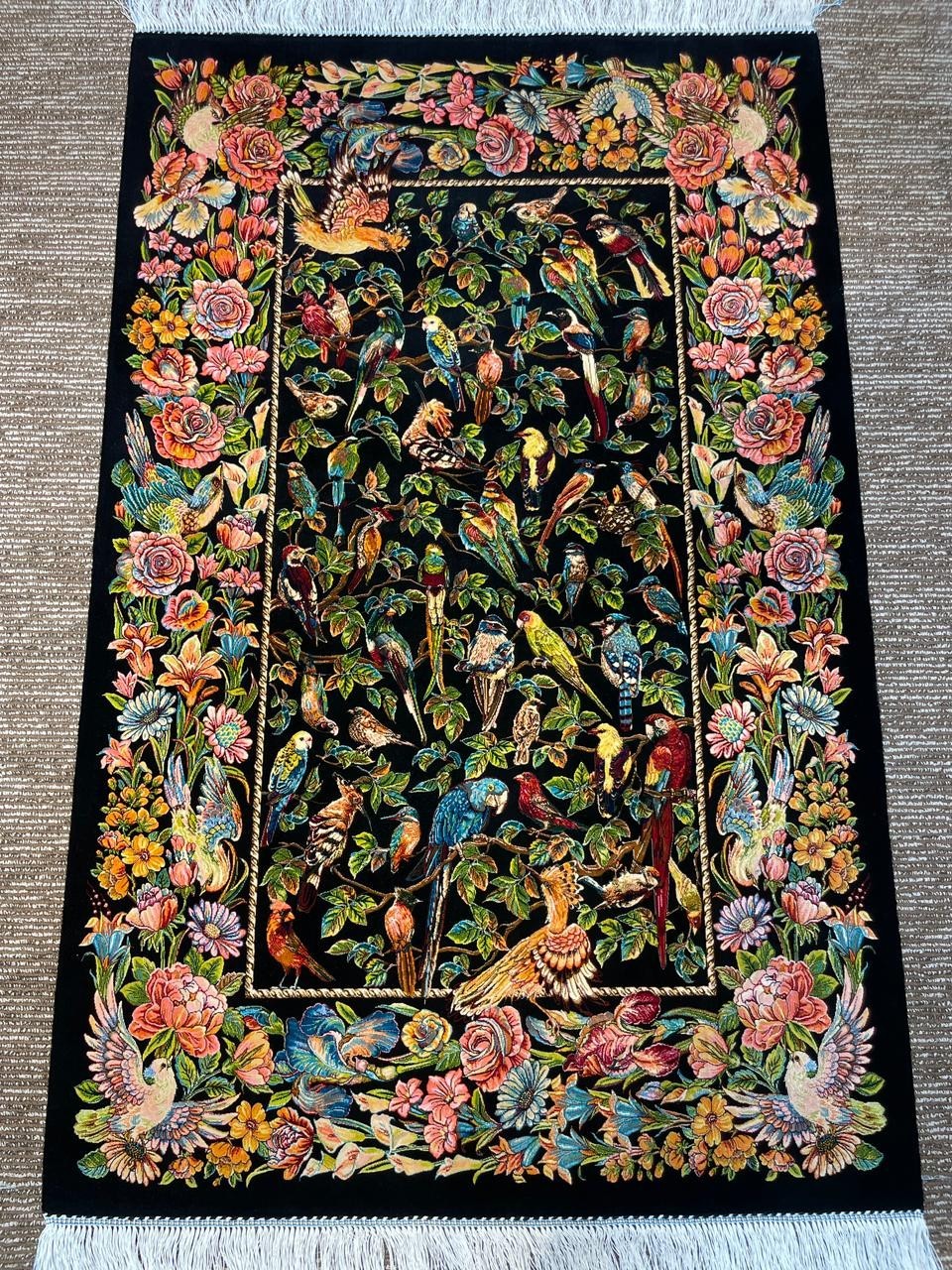 Fine Silk Rug 3 x 5 ft Bird Floral Artistry Design Soft Silk Rug 91 x 152 gallery
