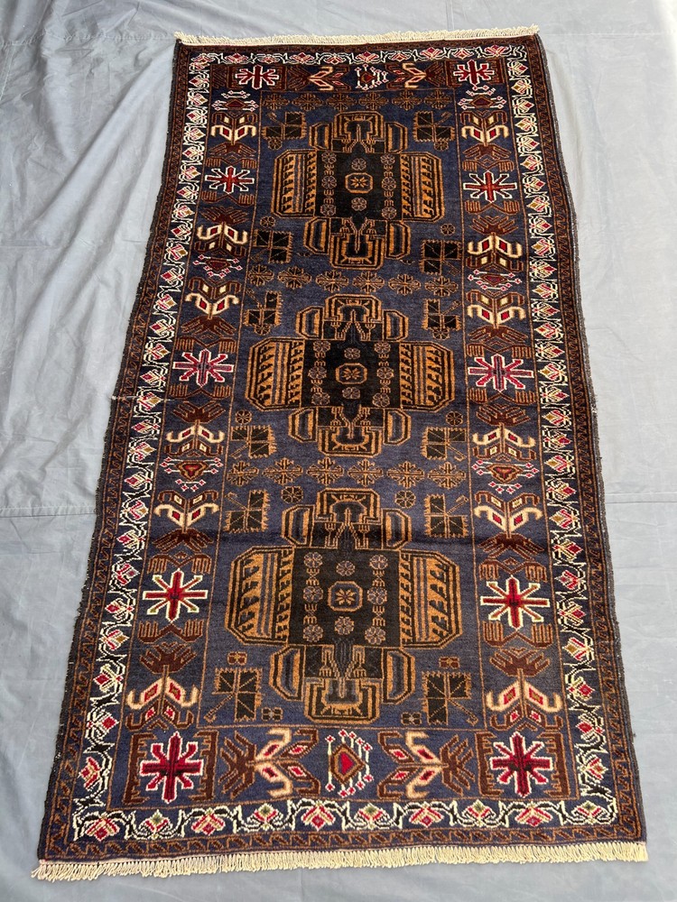 Blue Brown Caucasian Rug 4x7 Vintage Hand Knotted Tribal Geometric Wool Boho