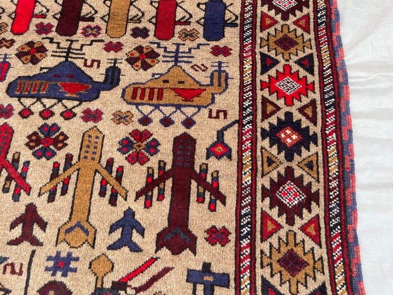 3'11x6'2 Ft Vintage Afghan War Rug Tank Helicopter Handwoven Kilim Rug gallery