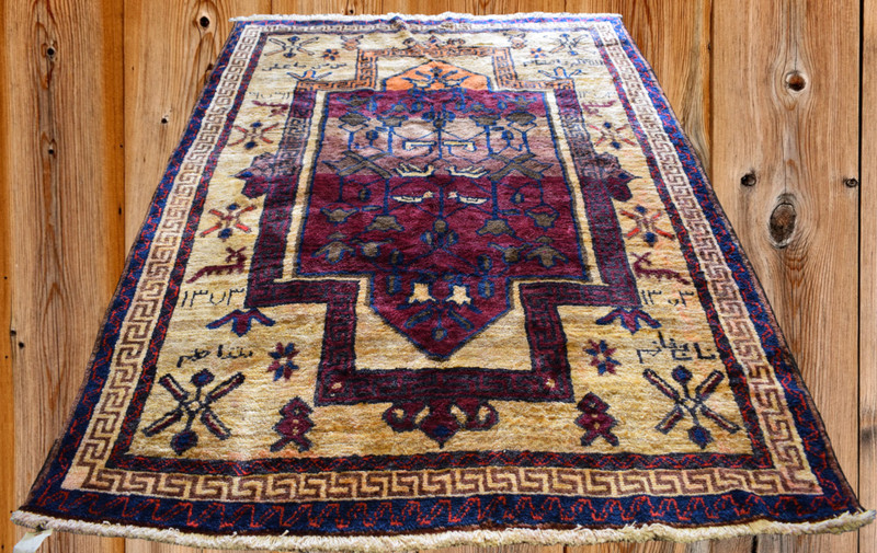 Rug. Handmade Wool Area Rug 5 x 7'5 Vintage Signed Dated Geometric Animal Design gallery