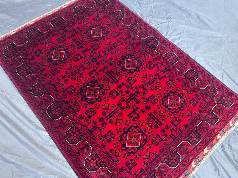 Hand Knotted Afghan Turkmen Rug Khal Mohammadi Red Geometric Moss Rug 3'7x5'2 gallery
