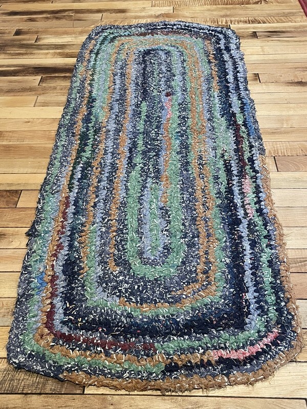 Antique Primitive Hand Woven Braided Rug Blue/Green/Orange Area 4’4”x21” gallery