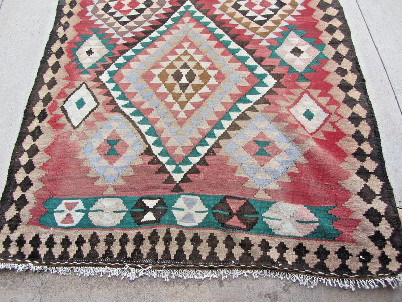 Large Turkish Flatweave Geometric Kilim Rug 4'5" x 12' Wool Cotton Semi-Antique gallery
