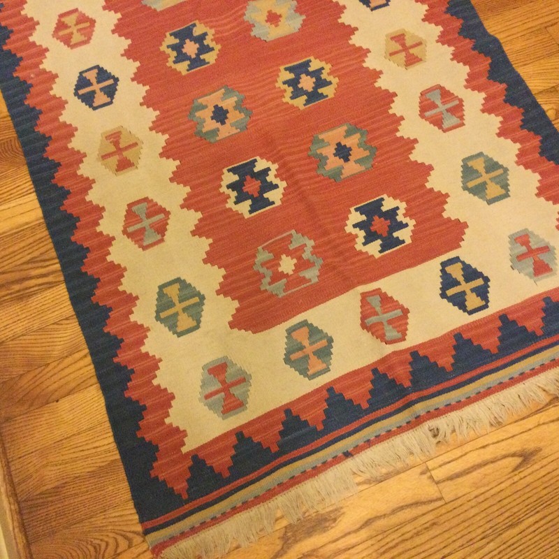 Vintage Kilim Wool Rug Blue Rust 47” X 23” Hand Knotted Turkey Tribal Carpet gallery