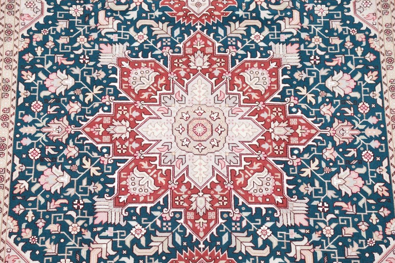 Geometric Dark Teal Green Tebriz Rug 5x7 Wool with Silk Highlight Handmade Rug gallery