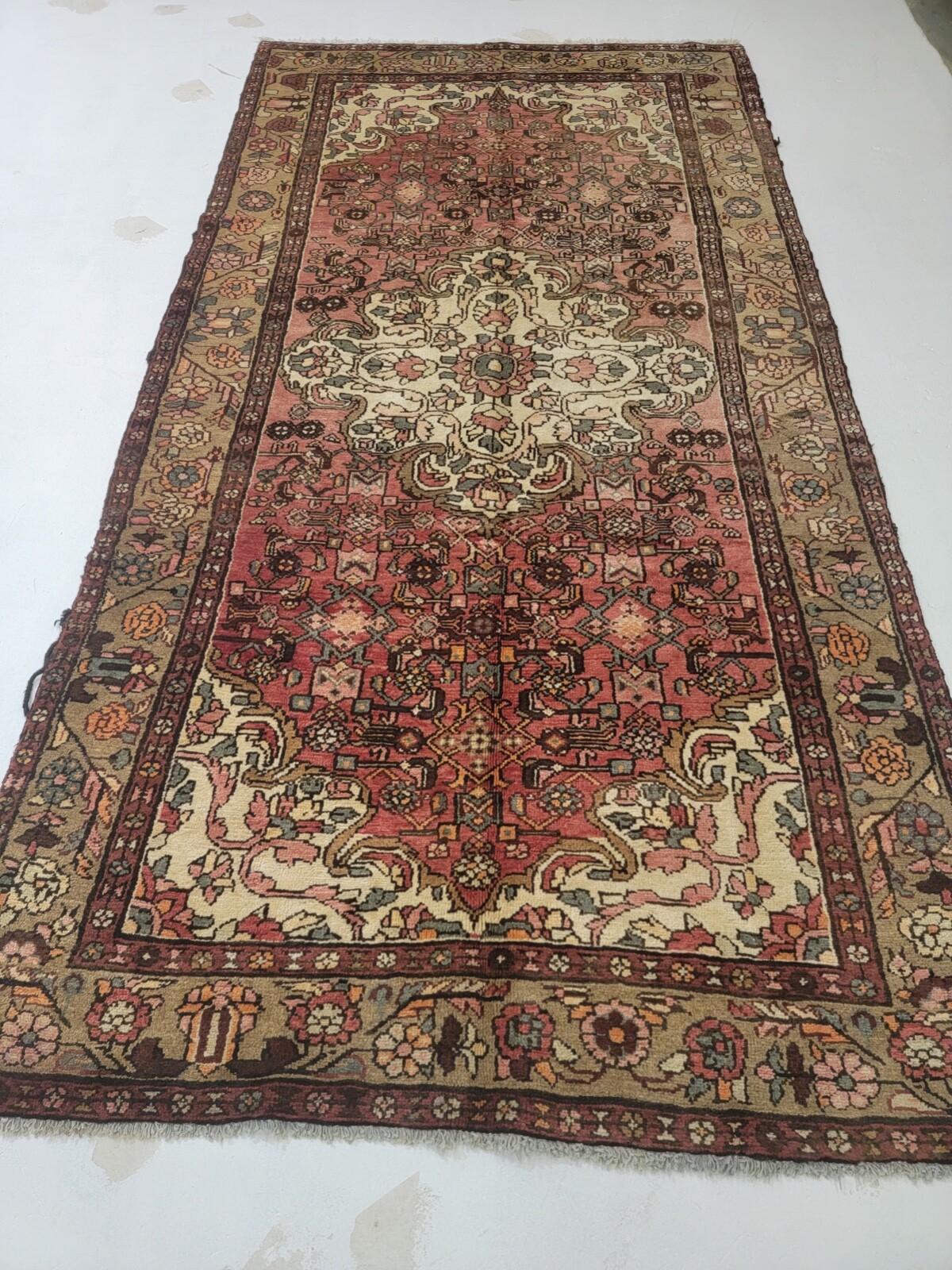 Antique Oriental Hand-Knotted Wool Runner Salmon/Green/Ivory/Blue 5'2" x 10'2" gallery