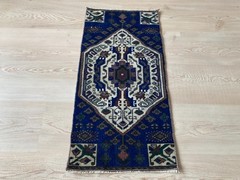 Small Blue rug, Turkish rug, Vintage Rug, Wool rug, Doormat rug, 1.2 x 2.5 ft