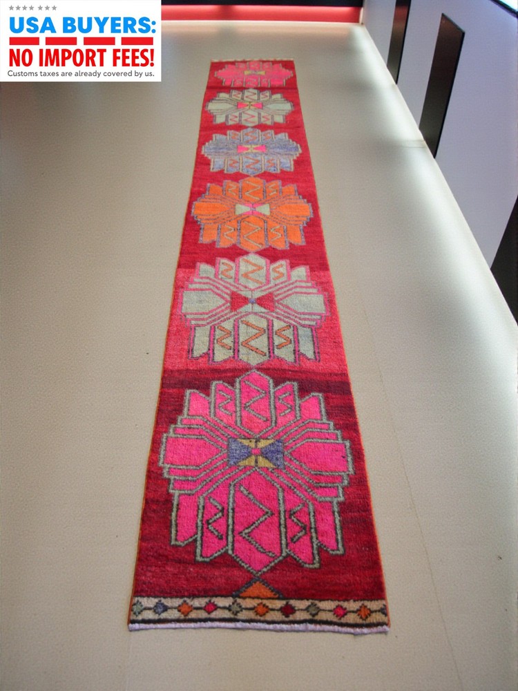 Vintage Hand-Knotted Runner Rug, Primitive Farmhouse Boho Hallway Accent 2x13 ft