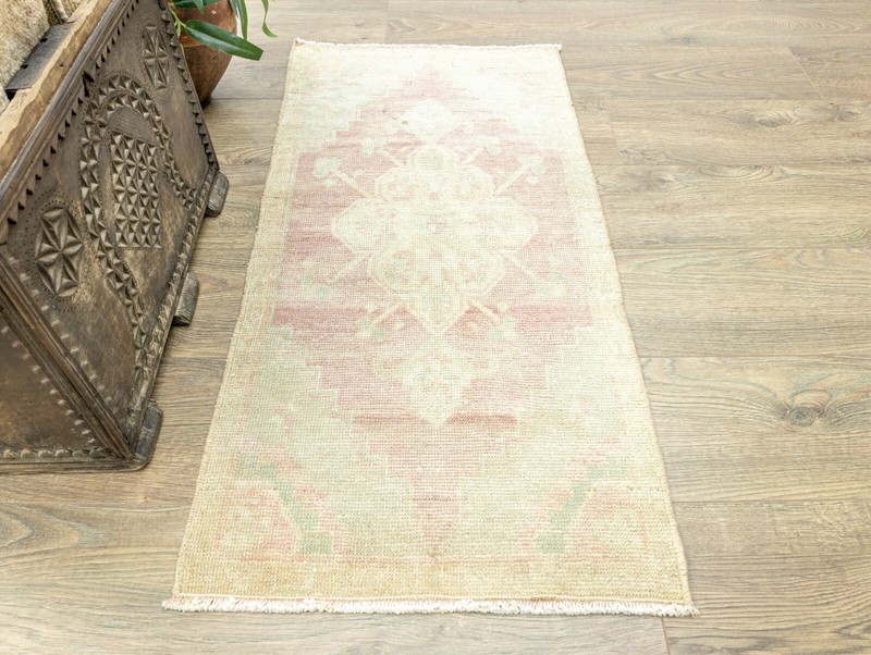 Vintage Handmade Turkish Oushak Wool Mat Rug 1'7" × 3'5" ft - Soft Rose Green gallery