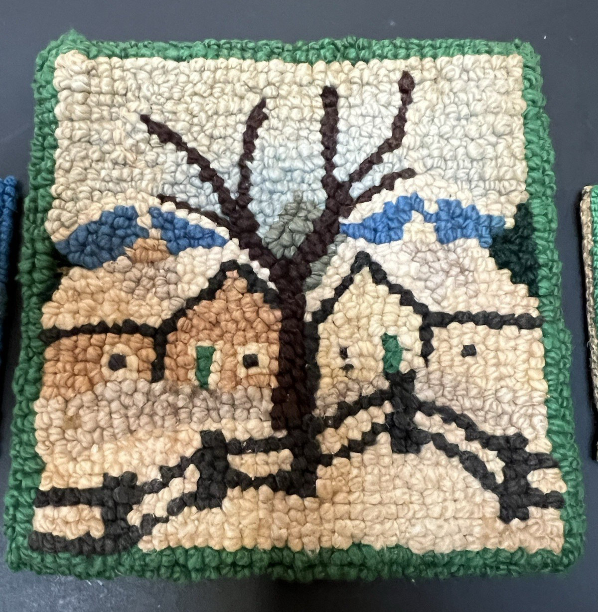 THREE Miniature Antique/Vintage Primitive Folk Art Hooked Rug Mats Winter Scenes gallery