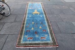 Vintage Traditional Hand Made Oriental Gabbe Wool Blue Long Runner 317x96cm