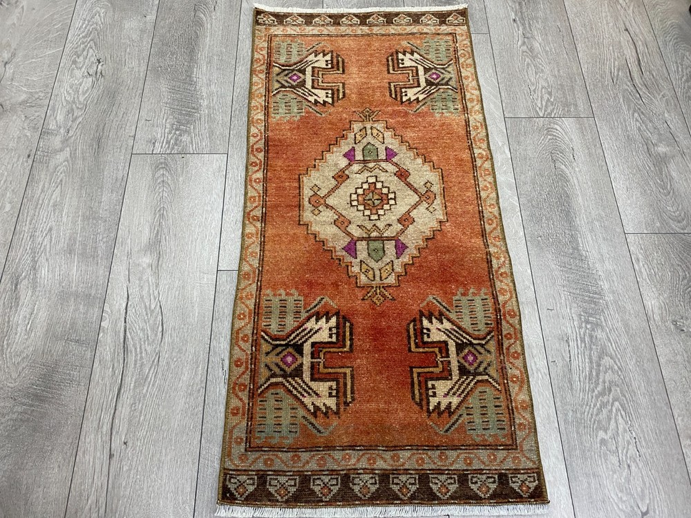 Turkish Tribal Wool Rug Handmade 1.6x3.3 ft Vintage Terracotta Geometric Small