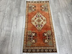Turkish Tribal Wool Rug Handmade 1.6×3.3 ft Vintage Terracotta Geometric Small
