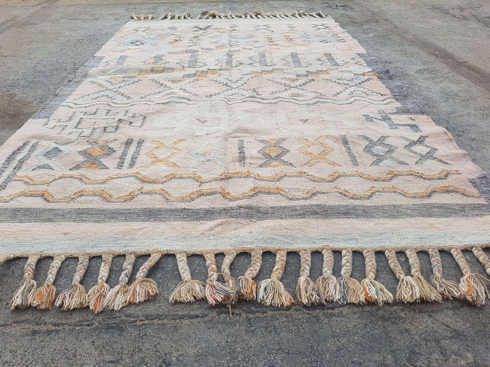 Distressed Vintage Handmade Geometric Pink Kilim Floor Rug Carpet 245x151cm