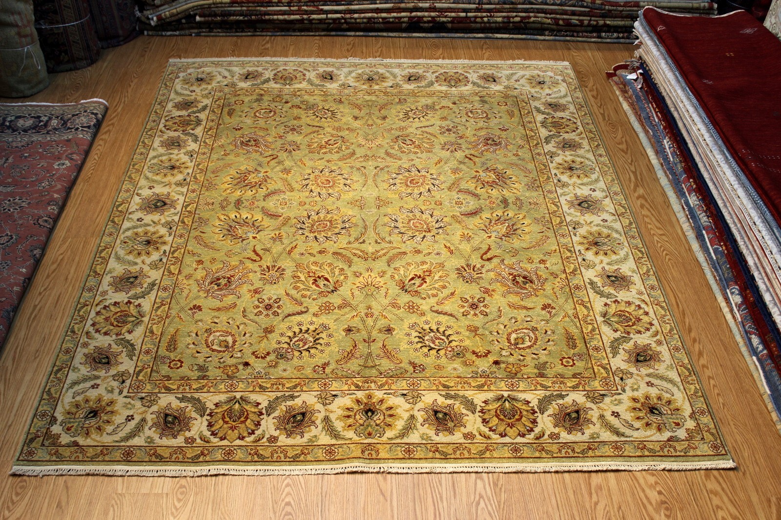 Top Quality 8X10 Handmade rug, Floral Design vegetable dye Light green color gallery