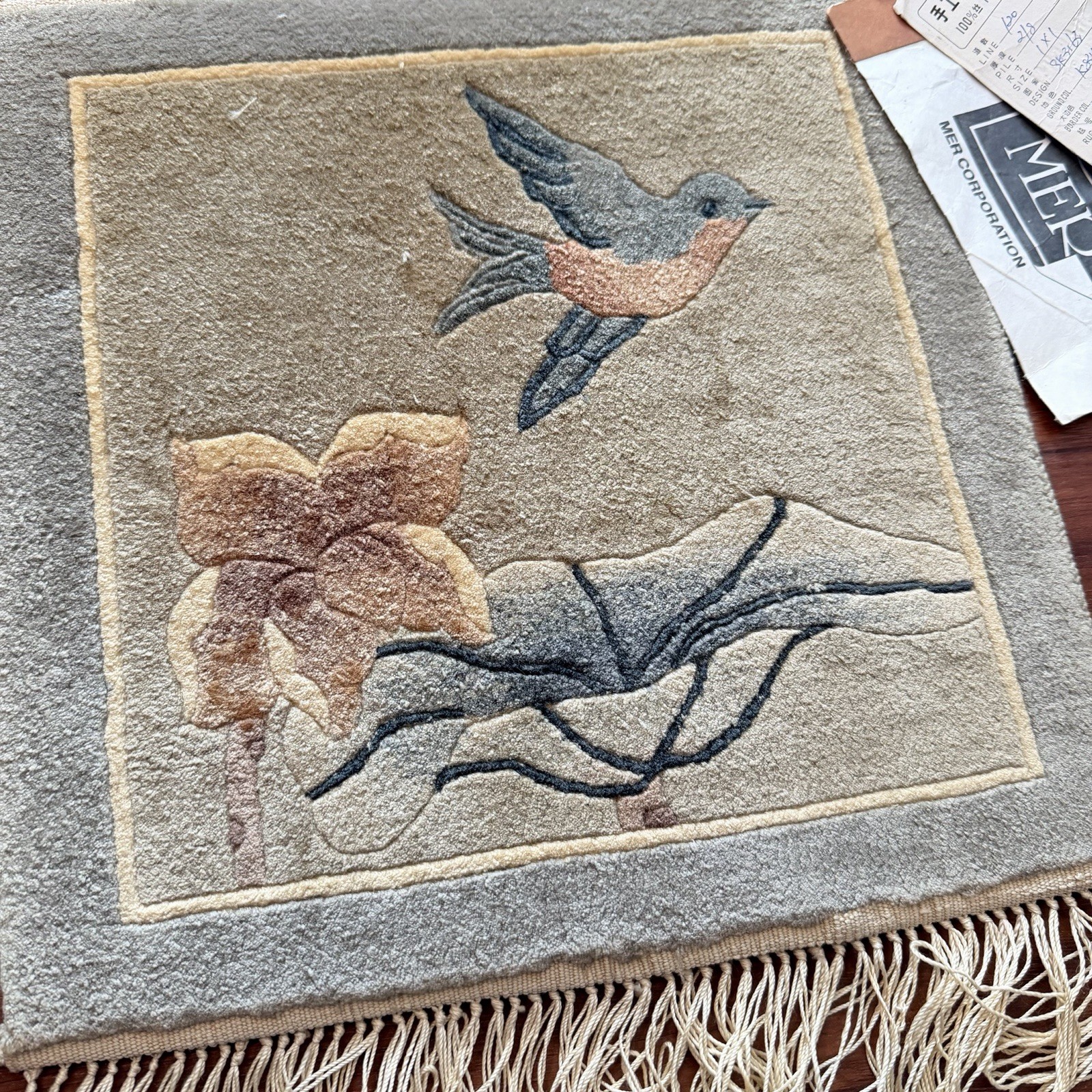 Vintage Pine & Crane Shanghai Chinese Silk Rug Bird Floral Handwoven Mat 12x12 gallery