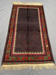 3’9×6’5 ft Vintage Afghan Baluchi Hand-Knotted Red, Black & Multicolor Rug
