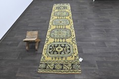 Vintage Turkish Runner Rug 2x10ft Wool Anatolian Handmade Hallway Oushak YELLOW