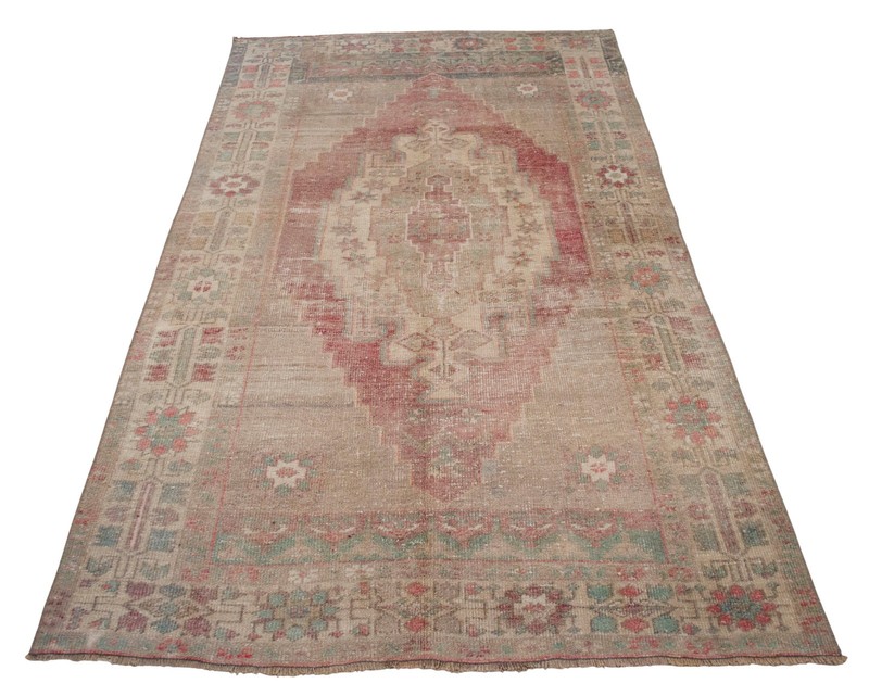 4x7 Rug Vintage Hand Made Distressed Area Rug Low Pile Oushak Rug 3′9″ x 6′8″ gallery